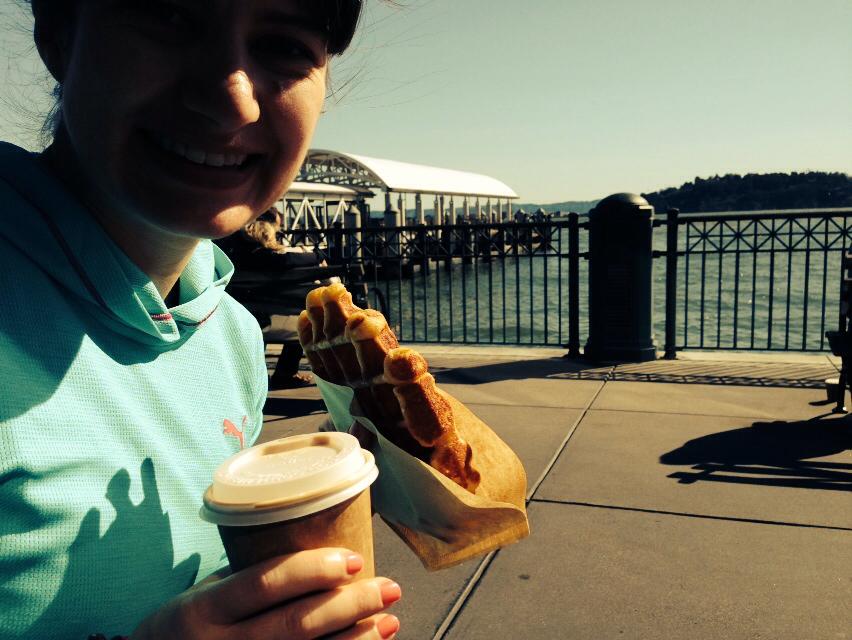 Me at Fisherman's Wharf eating Bluebottle waffles and drinking amazing coffee